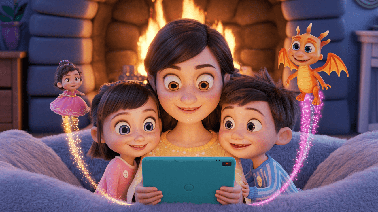 A mother on a cosy couch by the fire, holding a glowing tablet for her two children in pyjamas, with a tiny princess and a friendly dragon rising out of the screen.