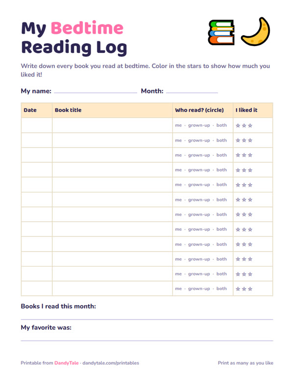 Preview of the "My Bedtime Reading Log" printable