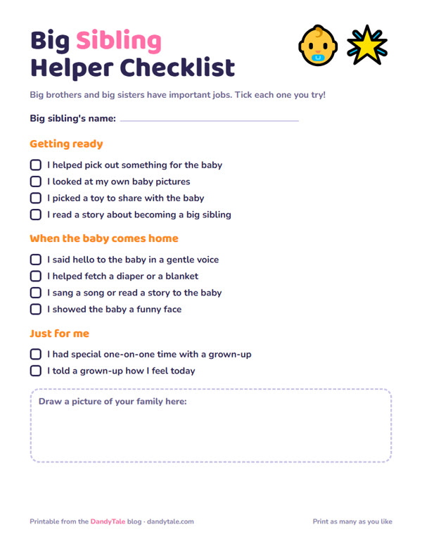 Preview of the printable "Big Sibling Helper Checklist"