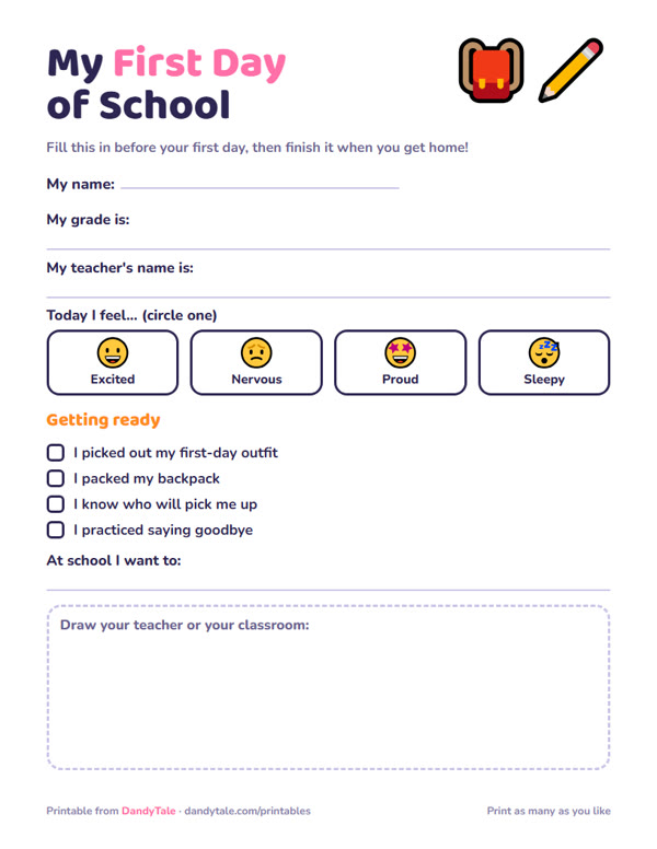 Preview of the "My First Day of School" printable
